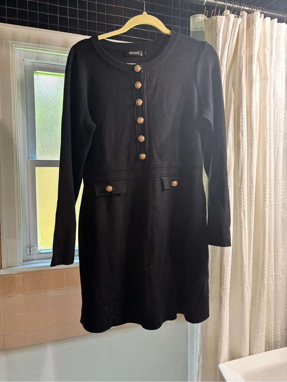 Black Long-Sleeve Knit Dress with Decorative Buttons
